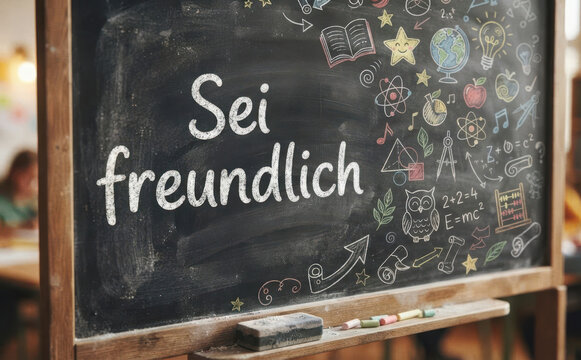 Sei freundlich Schultafel mit Kreidezeichnung und Bildungskonzept f&uuml;r Klassenzimmer