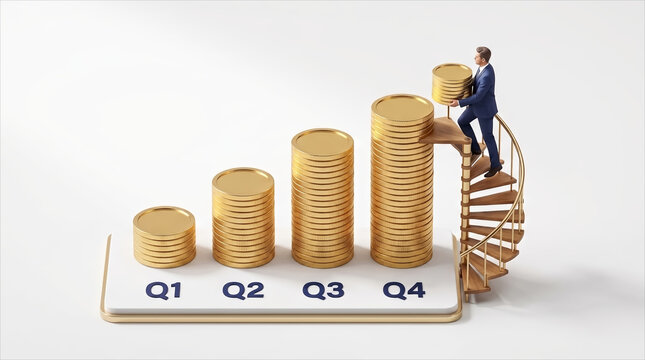 Businessman climbing stairs to a tall coin bar chart