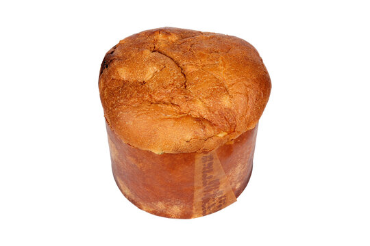 Whole Christmas panettone with a traditional shape and golden crust, isolated on a clean white background
