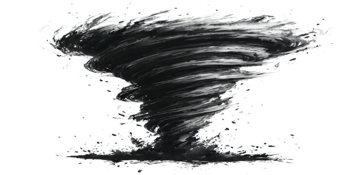 Powerful black watercolor tornado swirling violently on white background with abstract watercolor illustration disaster destruction whirlwind movement artistic creative monochrome isolated
