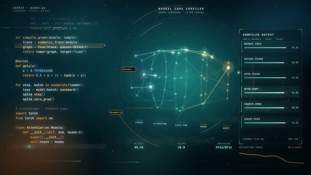 Neural network code compiler dashboard with source code graph nodes and kernel output bars