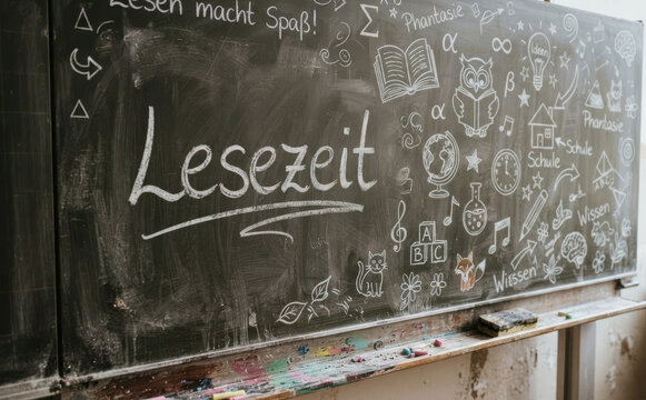 Lesezeit auf Schultafel geschrieben mit Schulmotiven und Kreidezeichnungen f&uuml;r Bildung und Unterricht