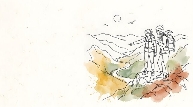 Line art illustration of two hikers looking at a mountain landscape with watercolor accents.