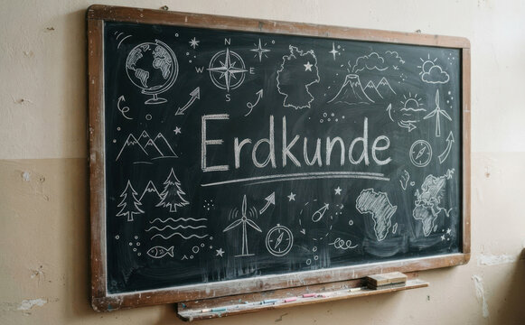 Erdkunde Schultafel mit Geografie Zeichnungen Kreideunterricht Geografieunterricht