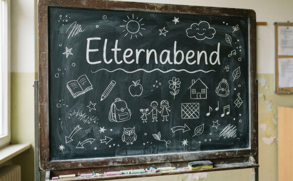 Elternabend Schultafel mit Kreidezeichnung f&uuml;r die Schule und den Unterricht