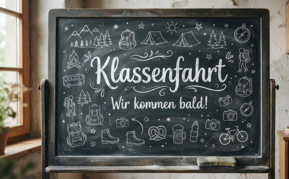 Klassenfahrt Wir kommen bald Schultafel mit Zeichnungen fuer Schueler und Klassenausflug