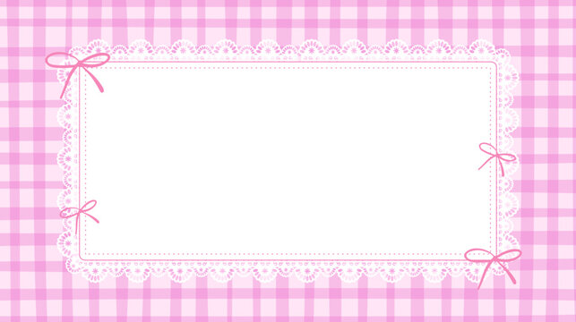 Cute pink gingham lace frame template with ribbon bows and copy space