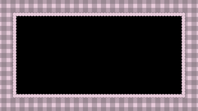 Dusty mauve gingham background with black center frame and pink scalloped lace border