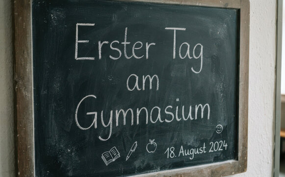 Erster Tag am Gymnasium - Schultafel mit deutscher Aufschrift f&uuml;r den Schulbeginn und Schulanfang