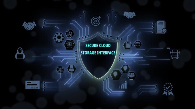 Secure cloud storage interface digital shield concept featuring cyber security network connections, data protection advanced encryption technology, and futuristic information management systems