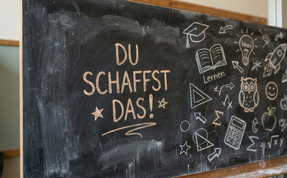 DU SCHAFFST DAS Schultafel mit Motivationsspruch und Lernen Symbolen als Konzept f&uuml;r Erfolg