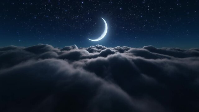 A glowing crescent moon shines brightly above a thick layer of dark, fluffy clouds under a starry night sky.