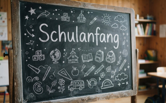 Schulanfang Tafel mit Kreidezeichnungen zum Schulanfang und Schulanfangsdeko f&uuml;r Einschulung