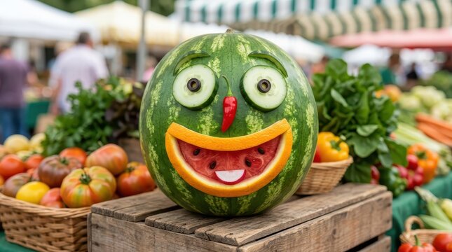 Smiling green avocado face with fresh vegetables basket.