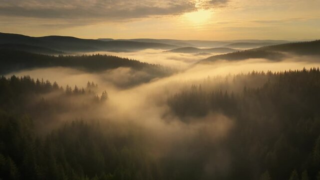 Golden sunrise light illuminates a thick layer of fog rolling through a forested mountain valley.