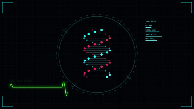 Advanced futuristic bio health scanner interface with digital heads-up display HUD, medical diagnostic data elements, biometric vitals monitoring, and neon technical graphics.