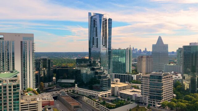 Urban Atlanta cityscape of Buckhead uptown with modern corporate and residential skyscraper buildings. Aerial view of big American city architecture.