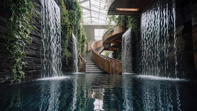 Indoor water feature atrium with cascading waterfalls and spiral staircase.