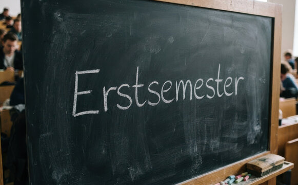 Erstsemester auf Tafel in Universitaet mit Studenten im Hoersaal fuer Bildung und Studium