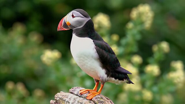 Close-up portrait of colorful Atlantic puffin bird perched on rocky cliff edge in natural habitat