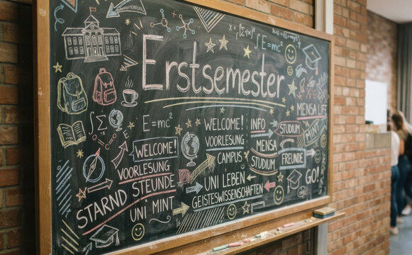 Erstsemester Tafelzeichnung an Universitaet mit Studentenleben Begriffen fuer Studienbeginn