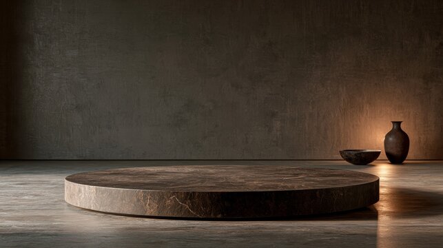 Stone product podium in a minimal rustic interior