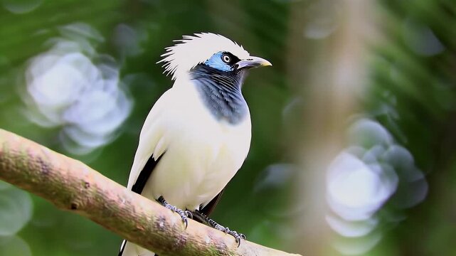 Close-up portrait of a striking pied butcherbird perched on a natural branch in lush greenery