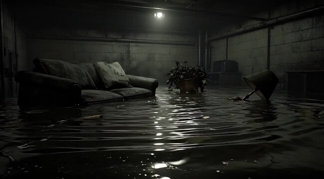 Dark Flooded Basement with Submerged Couch and Potted Plant Under Eerie Lighting