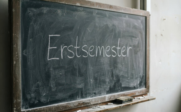 Erstsemester - Studienstart an der Universitaet und Hochschule, Schiefertafel mit Kreide fuer den Beginn des neuen Lebensabschnitts im Hoersaal
