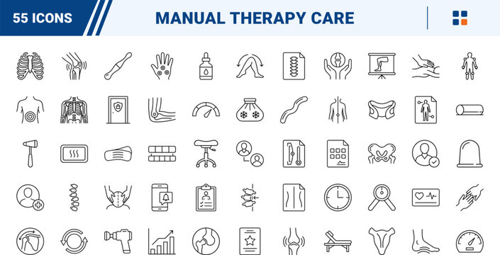 Manual Therapy Session line icon set. Vector pictograms of treatment, rehabilitation, physiotherapy, and chiropractic elements, thin linear illustration.