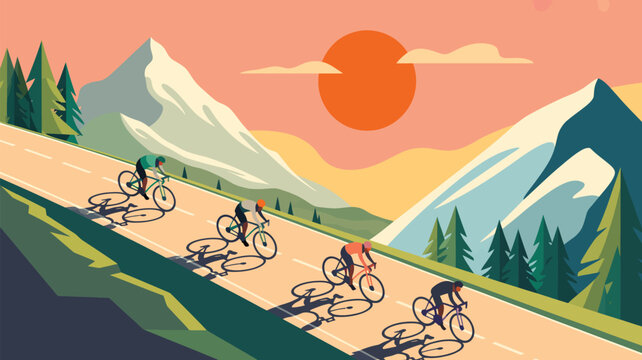 Cycling race illustration of cyclists riding bicycles on a mountain road with sunset scenery vector design