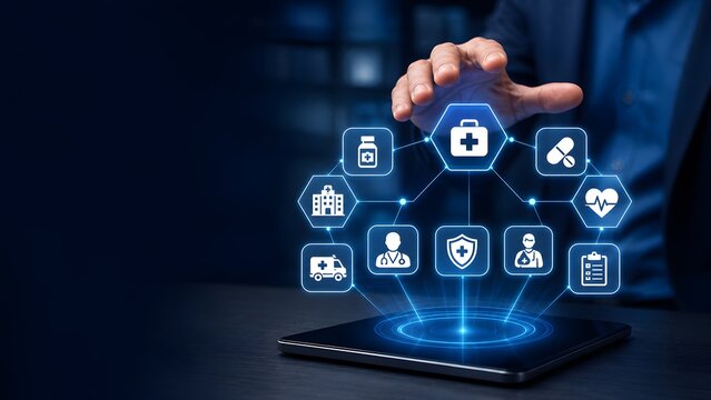 Businessman hand hovering over glowing hexagonal medical icons on tablet screen. Concept of corporate health insurance management and hospital administration technology.