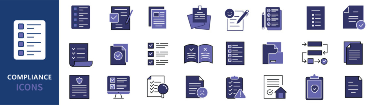 Compliance icon set. Containing law, regulation, rule, standard, audit, policy, document, agreement, checklist, legal and more. Solid vector icons collection.