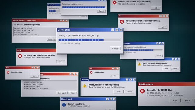 Retro computer error dialog windows flooding screen before fatal system crash message