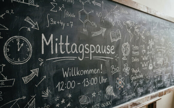Mittagspause Tafel Willkommen 12 00 13 00 Uhr Schultafel mit Pausenzeiten und Zeichnungen