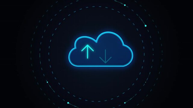 Conceptual 3D animation representing cloud computing data synchronization with glowing digital icons and network connections on a dark background for technology concepts.