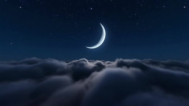 A glowing crescent moon shines in the starry night sky above a blanket of dark clouds.