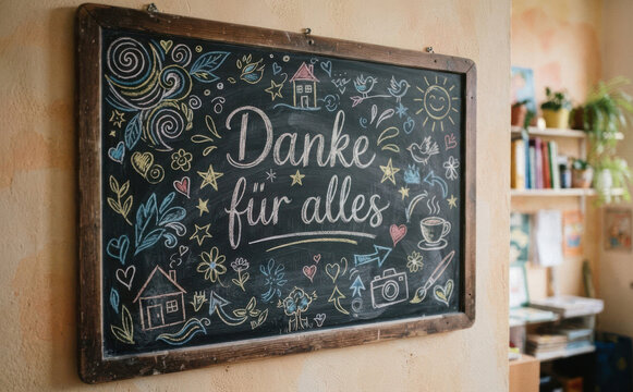 Danke f&uuml;r alles Schiefertafel mit Kreidezeichnung und handgeschriebener Botschaft zum Dankesch&ouml;n sagen f&uuml;r Geschenke