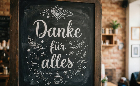 Danke f&uuml;r alles Schiefertafel mit Handschrift Spruch f&uuml;r Dankbarkeit und Liebe in einem Caf&eacute;