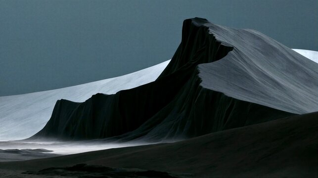 Wallpaper Background Moody Surreal Landscape of Dark Draped Mountain Formation in Fog