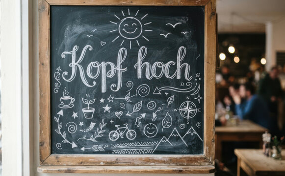 Kopf hoch Spruch auf Tafel als Motivationshilfe positiv Denken und gute Laune Inspiration im Alltag