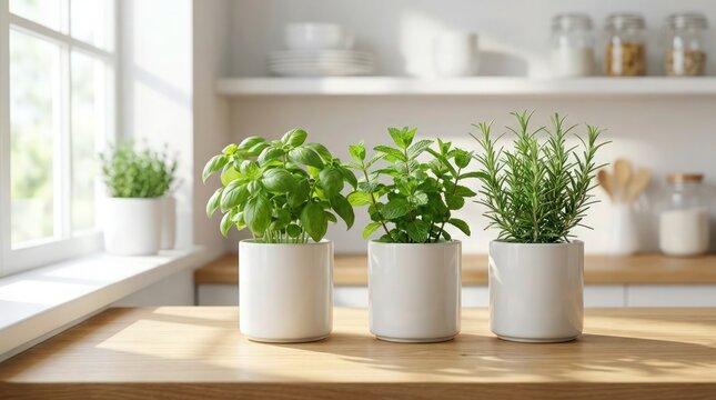Fresh green herbs in ceramic pots on a kitchen counter for cooking and home gardening
