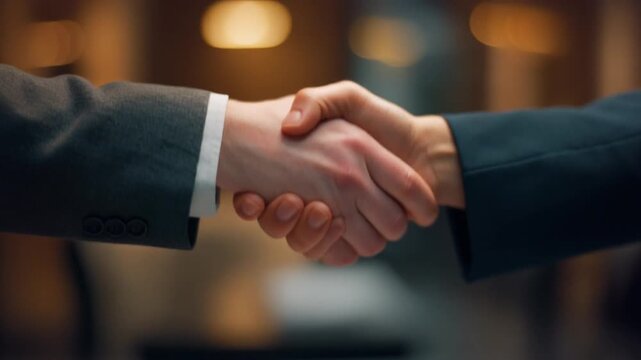 Close-up of two business professionals shaking hands in a warm, softly lit office environment.