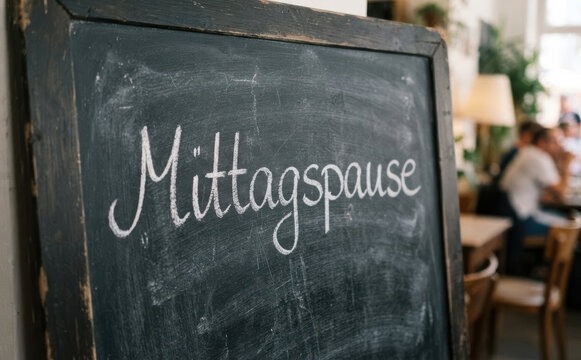 Mittagspause Schild auf einer Schiefertafel in einem Restaurant f&uuml;r gastronomische Nutzung und Konzept