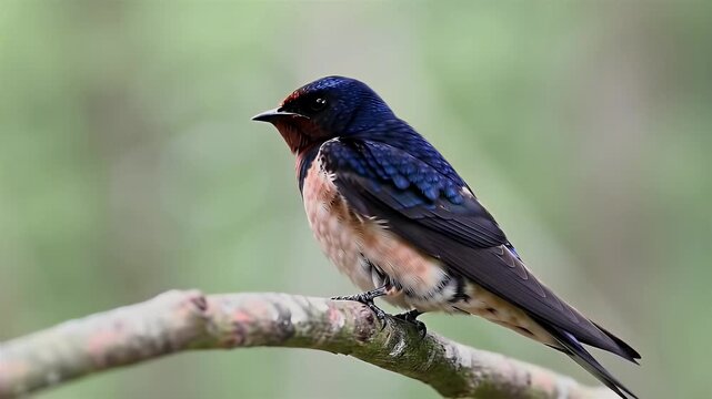 Close-up of vibrant male mountain bluebird perched on weathered branch in spring