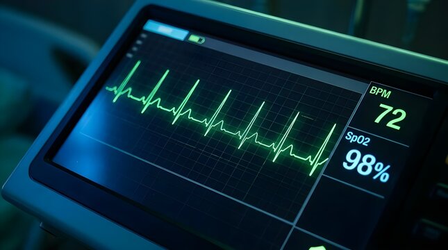ECG Machine Screen Displaying Heartbeat Line Medical Technology