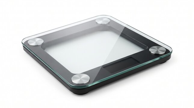 Modern digital bathroom scale with tempered glass top, electronic weight scale for fitness tracking, sleek black health monitor on white background