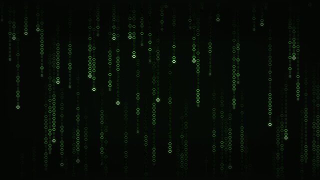 Vertical digital binary code falling animation in 4K at 60fps on a black background representing data flow, computer programming, cybersecurity, and global network systems.