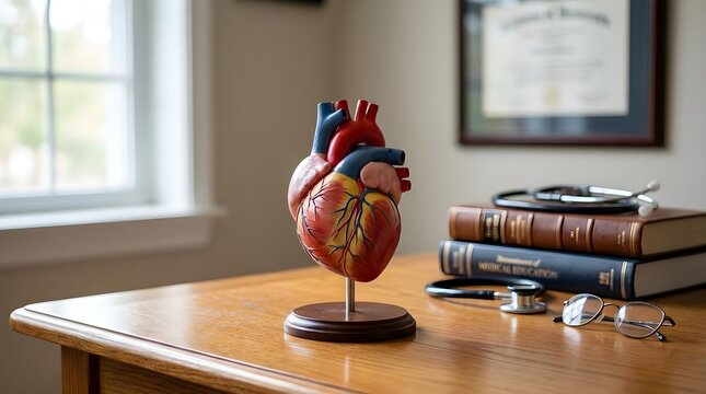 Anatomical Heart Model on Doctor Desk Medical Education