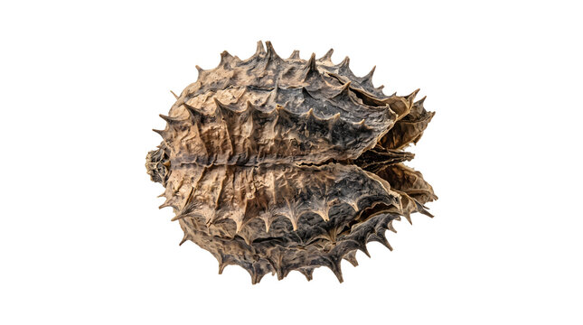 Prickly dried datura seed capsule with sharp spikes and textured beige shell provides rustic natural accent for autumn arrangements science projects and crafts.